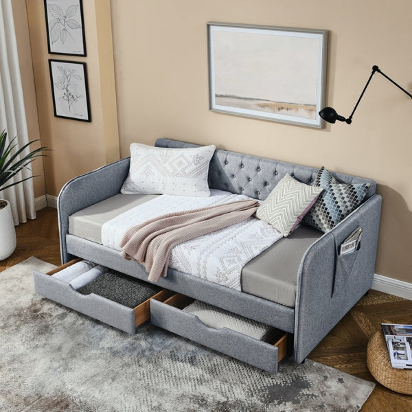 English Elm Twin Size Upholstery Daybed With Trundle, Storage Drawers & Pocket - Stylish, Space-Saving Solution! W1413S00023-GIGA