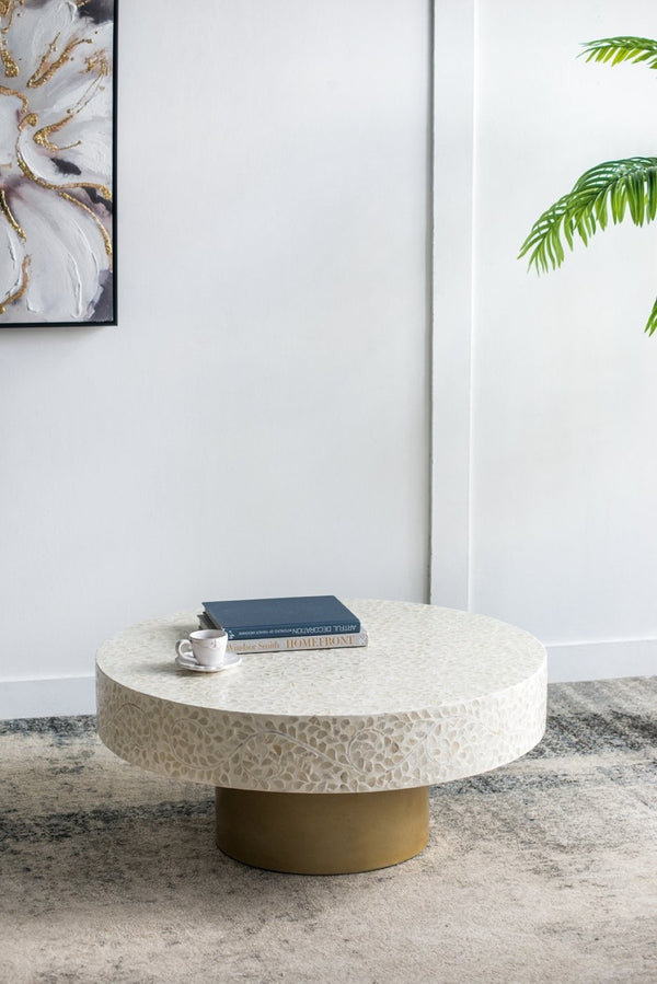 English Elm 35x35x16" Capiz Shell Inlay Square Coffee Table with Iridescent Vine Top Gold Base W2078P154260