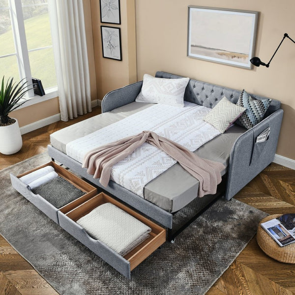 English Elm Twin Size Upholstery Daybed With Trundle, Storage Drawers & Pocket - Stylish, Space-Saving Solution! W1413S00023-GIGA