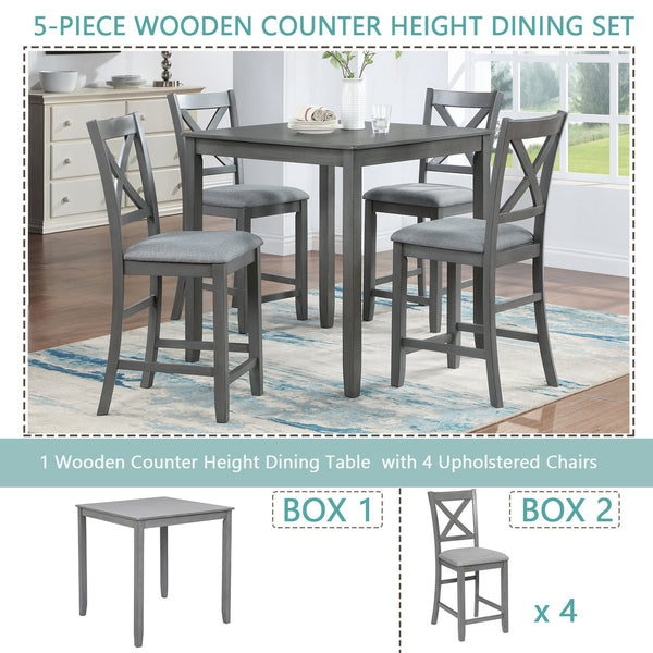 English Elm 5 Piece Dining Table Set - Modern Counter Height Square Table & 4 Upholstered Chairs For Small Spaces W1998S00028