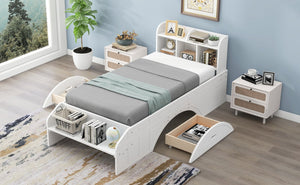English Elm Wood Twin Platform Bed with Bookcase Headboard Storage Drawers Cottage Pine Frame WF313560AAK