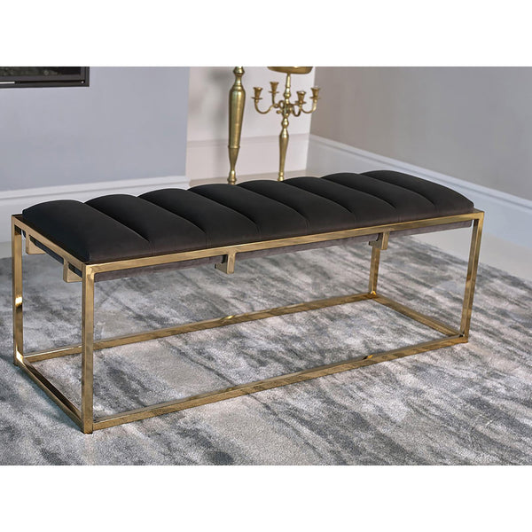 English Elm Dark Velvet Tufted Bench with Gold Metal Base, Mid-Century Glam 48" Seating, Channel-Back Accent B062P153580