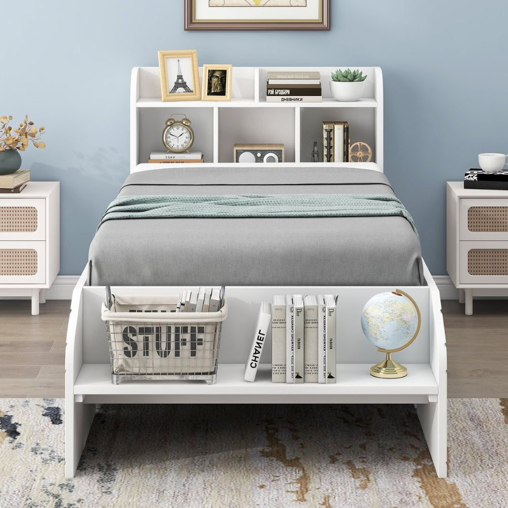 English Elm Wood Twin Platform Bed with Bookcase Headboard Storage Drawers Cottage Pine Frame WF313560AAK