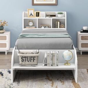 English Elm Wood Twin Platform Bed with Bookcase Headboard Storage Drawers Cottage Pine Frame WF313560AAK
