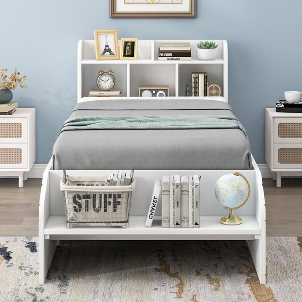 English Elm Wood Twin Platform Bed with Bookcase Headboard Storage Drawers Cottage Pine Frame WF313560AAK
