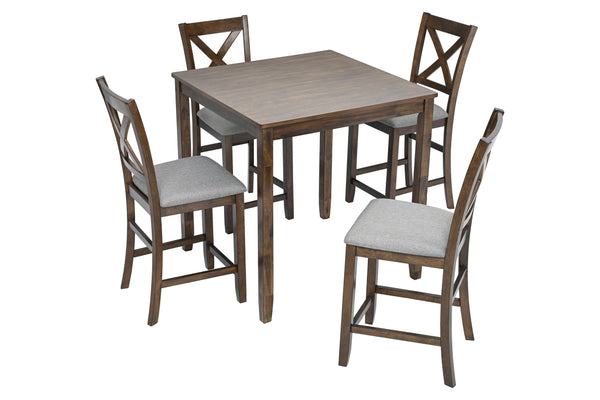 English Elm 5 Piece Dining Table Set - Stylish Counter Height Square Table With 4 Upholstered Chairs For Small Spaces W1998S00032