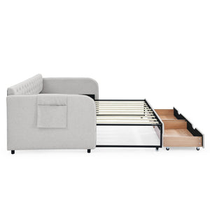 English Elm Twin Size Upholstered Daybed With Trundle, Two Storage Drawers, Modern Linen Beige Design For Any Room W1413S00024-GIGA