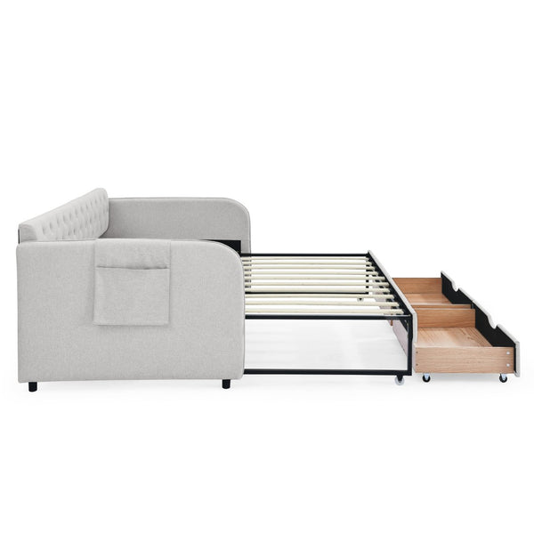 English Elm Twin Size Upholstered Daybed With Trundle, Two Storage Drawers, Modern Linen Beige Design For Any Room W1413S00024-GIGA
