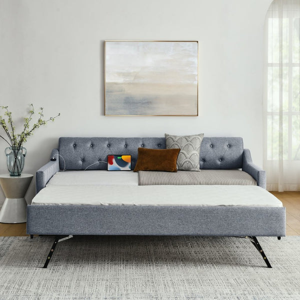 English Elm Twin Size Upholstered Daybed With Erectable Trundle, Usb Charging & Modern Linen Grey Design W1413S00026-GIGA