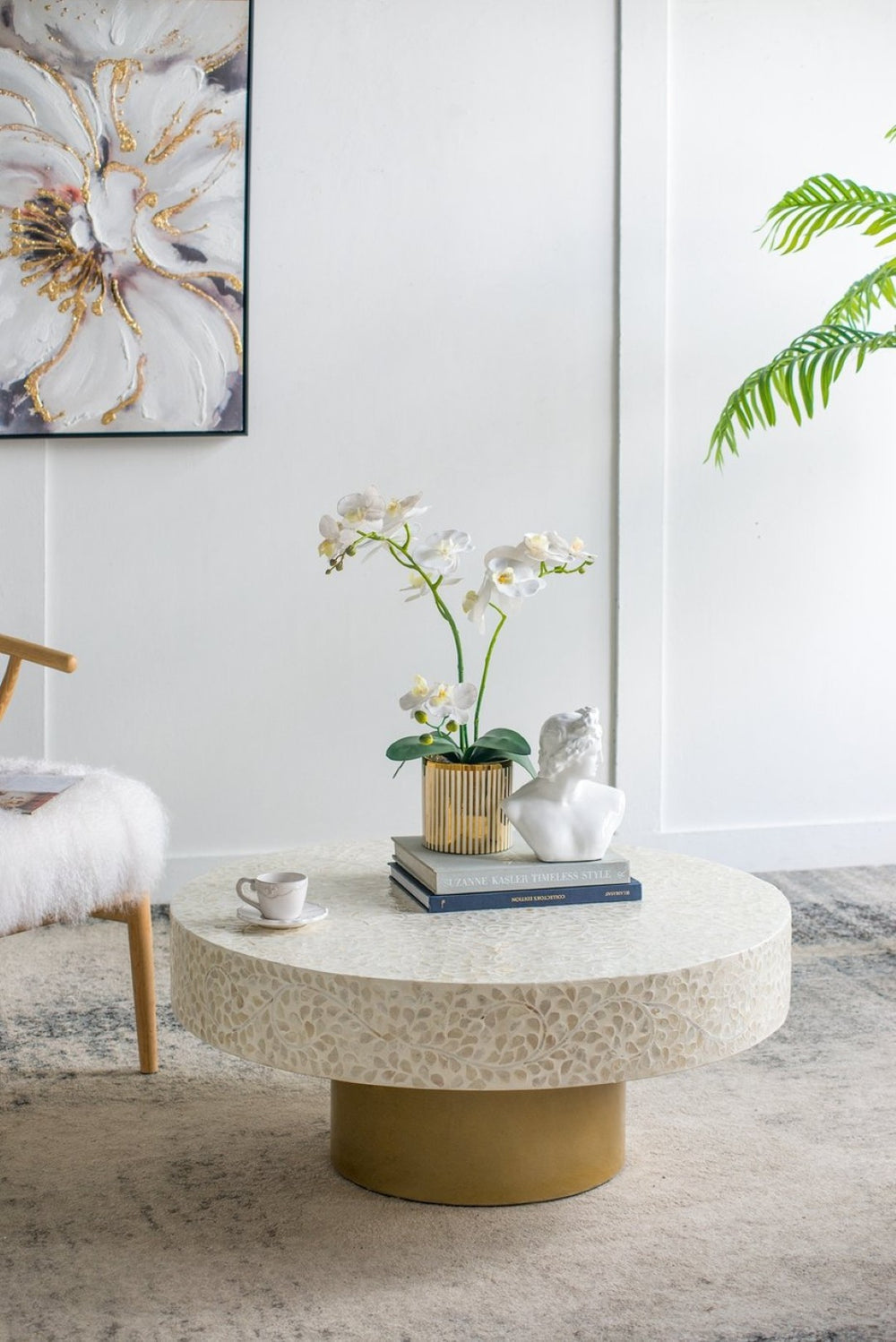 English Elm 35x35x16" Capiz Shell Inlay Square Coffee Table with Iridescent Vine Top Gold Base W2078P154260