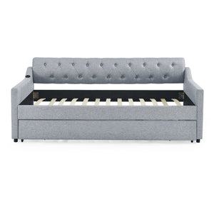 English Elm Twin Size Upholstered Daybed With Erectable Trundle, Usb Charging & Modern Linen Grey Design W1413S00026-GIGA