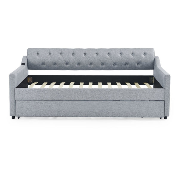English Elm Twin Size Upholstered Daybed With Erectable Trundle, Usb Charging & Modern Linen Grey Design W1413S00026-GIGA