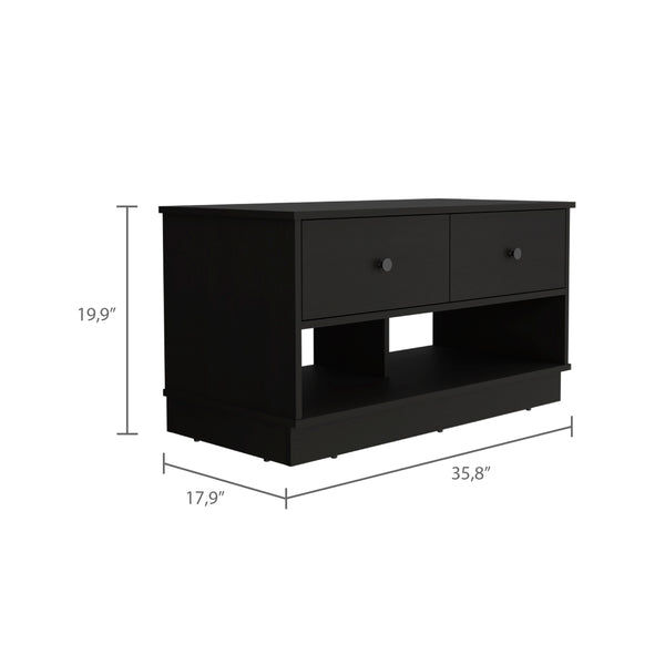 English Elm Hamilton Storage Bench with Two Drawers and Open Shelves for Entryway, Shoe Storage, 35.8"W x 19.9"H Black 40.6 L x 22.8 W x 6.3 H B20091910