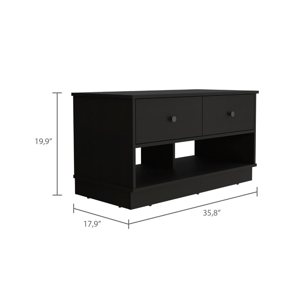 English Elm Uranus Black Storage Bench with Two Drawers & Open Shelves, Metal Rails, 35.8"W x 17.9"D x 19.9"H B097133194