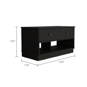 English Elm Uranus Black Storage Bench with Two Drawers & Open Shelves, Metal Rails, 35.8"W x 17.9"D x 19.9"H B097133194