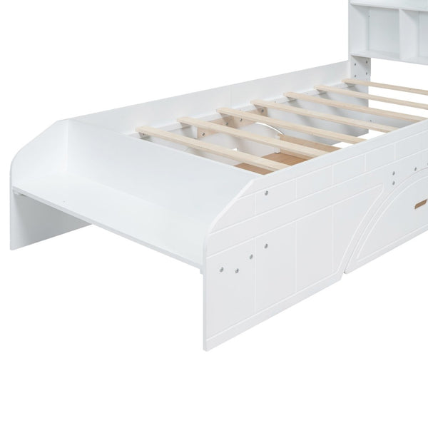 English Elm Wood Twin Platform Bed with Bookcase Headboard Storage Drawers Cottage Pine Frame WF313560AAK