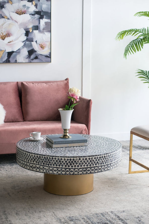 English Elm 35x35x16" Capiz Shell Square Coffee Table with Gold Pedestal Base for Bohemian Living W2078P154259