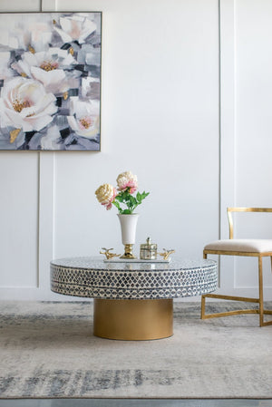 English Elm 35x35x16" Capiz Shell Square Coffee Table with Gold Pedestal Base for Bohemian Living W2078P154259