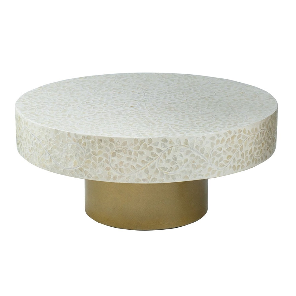 English Elm 35x35x16" Capiz Shell Inlay Square Coffee Table with Iridescent Vine Top Gold Base W2078P154260