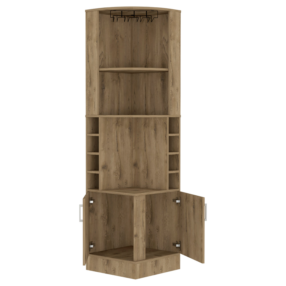 English Elm Syrah Corner Bar Cabinet with 8 Bottle Cubbies, Double Doors, Glass Rack and Display Nook Mahogany 46 L x 23 W x 6 H B200P242412