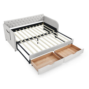 English Elm Twin Size Upholstered Daybed With Trundle, Two Storage Drawers, Modern Linen Beige Design For Any Room W1413S00024-GIGA