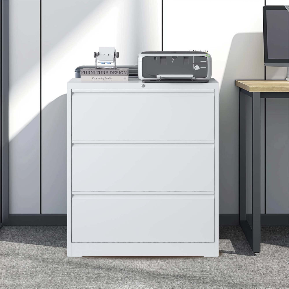 English Elm Lateral File Cabinet 3 Drawer - Secure White Metal Filing Cabinet With Lock For Home Office Storage T2398P154447