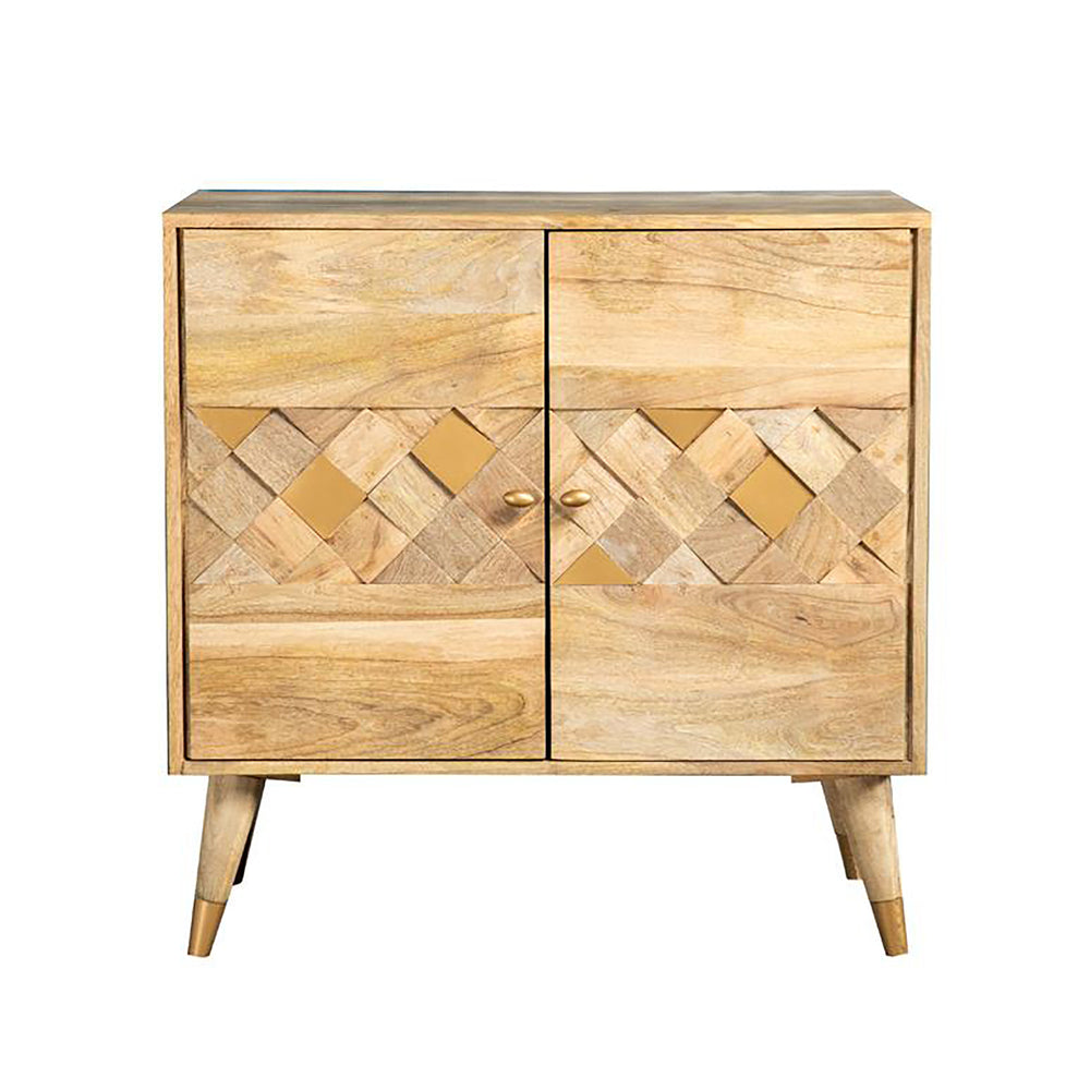 English Elm Natural Mid Century Accent Cabinet with Checkered Diamond Doors, Mango Wood, Gold Feet, 32" Wide B062P153596