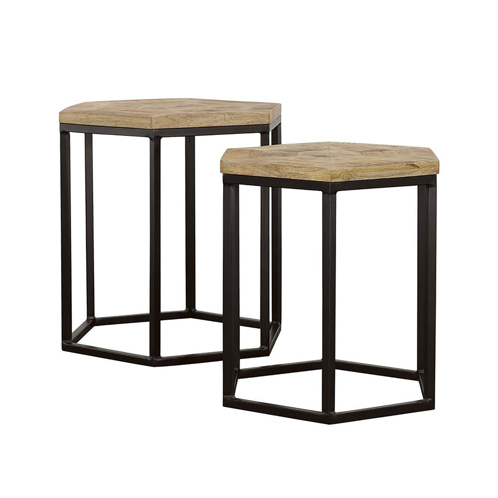 English Elm Natural Hexagon Nesting Tables Set of 2 - Mango Wood Inlay Tops with Black Iron Bases, Rustic Industrial Charm B062P153599