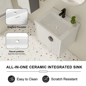 English Elm 24 Inch Wall-Mounted Vanity with Ceramic Sink, Wave Door Accent, Soft-Close Hinges, Eco Plywood Durable Finish White W999P146015