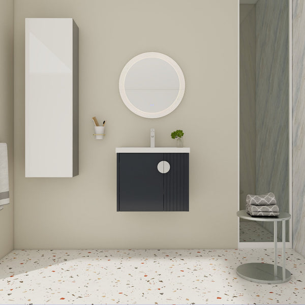 English Elm 24 Inch Wall-Mounted Vanity with Ceramic Sink, Wave Door Accent, Soft-Close Hinges, Eco Plywood Durable Finish Black W999P146017