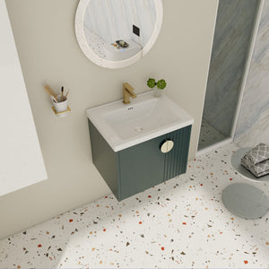 English Elm 24 Inch Wall-Mounted Vanity with Ceramic Sink, Wave Door Accent, Soft-Close Hinges, Eco Plywood Durable Finish Green W999P146018