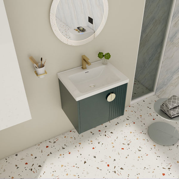 English Elm 24 Inch Wall-Mounted Vanity with Ceramic Sink, Wave Door Accent, Soft-Close Hinges, Eco Plywood Durable Finish Green W999P146018