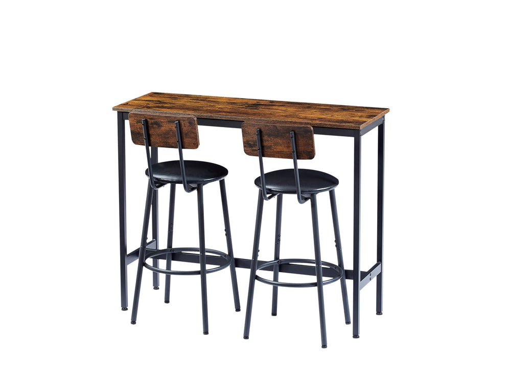 English Elm Bar Bar Table Set with 2 PU Cushioned Stools, Rustic Brown Vintage Woodgrain, Space-Saving Design W1162P144762