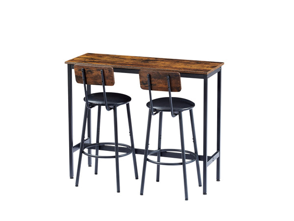 English Elm Bar Bar Table Set with 2 PU Cushioned Stools, Rustic Brown Vintage Woodgrain, Space-Saving Design W1162P144762