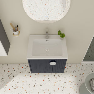 English Elm 24 Inch Wall-Mounted Vanity with Ceramic Sink, Wave Door Accent, Soft-Close Hinges, Eco Plywood Durable Finish Black W999P146017