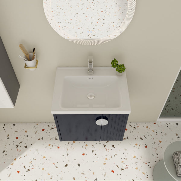 English Elm 24 Inch Wall-Mounted Vanity with Ceramic Sink, Wave Door Accent, Soft-Close Hinges, Eco Plywood Durable Finish Black W999P146017