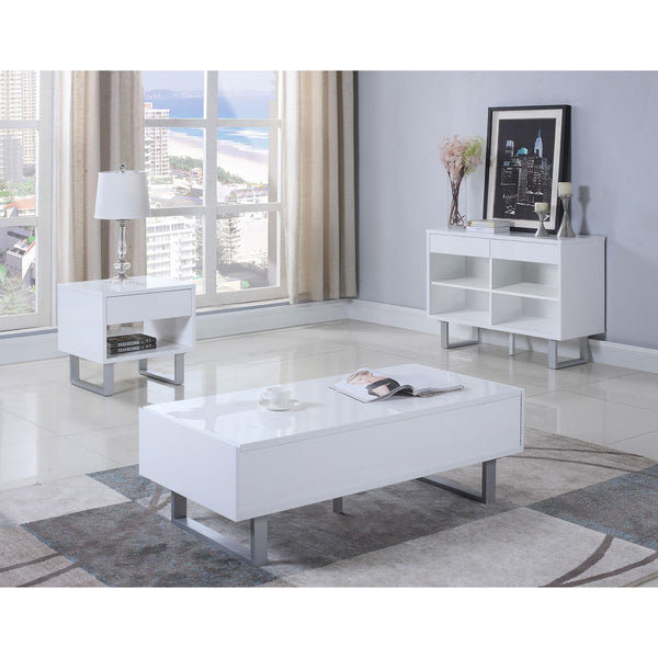English Elm High Glossy White Modern 1-Drawer End Table with Brushed Nickel U-Legs, Minimalist Gloss Finish, 22"H B062P153594