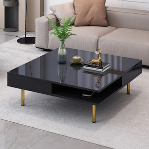 English Elm Exquisite High Gloss Coffee Table With 4 Golden Legs and 2 Small Drawers, 2-Tier Square Center Table For Living Room, Black