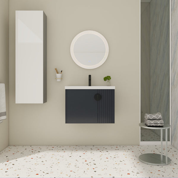 English Elm 28 Inch Wall-Mounted Bathroom Vanity with Ceramic Sink, Wave Dual Doors, Soft-Close Hinges, Durable Finish Black W999P146021