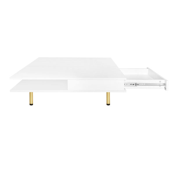 English Elm On-trend Gloss White Square Coffee Table Gold Legs Hidden Drawers Open Shelf Living Room WF315490AAK