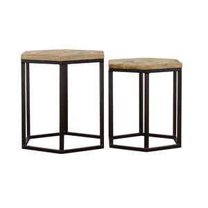 English Elm Natural Hexagon Nesting Tables Set of 2 - Mango Wood Inlay Tops with Black Iron Bases, Rustic Industrial Charm B062P153599