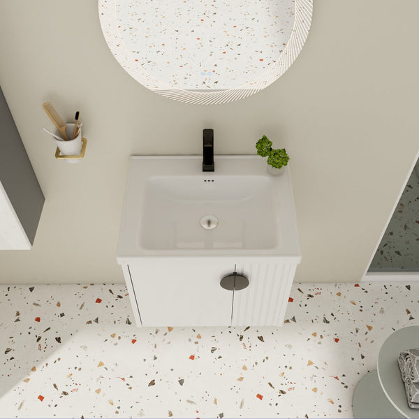 English Elm 24 Inch Wall-Mounted Vanity with Ceramic Sink, Wave Door Accent, Soft-Close Hinges, Eco Plywood Durable Finish White W999P146015
