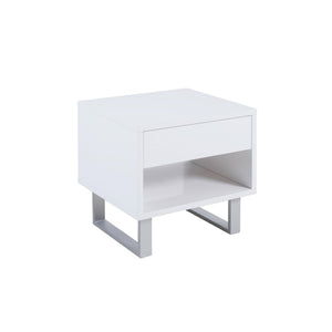 English Elm High Glossy White Modern 1-Drawer End Table with Brushed Nickel U-Legs, Minimalist Gloss Finish, 22"H B062P153594