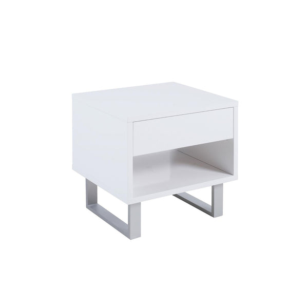 English Elm High Glossy White Modern 1-Drawer End Table with Brushed Nickel U-Legs, Minimalist Gloss Finish, 22"H B062P153594