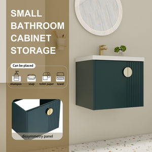 English Elm 24 Inch Wall-Mounted Vanity with Ceramic Sink, Wave Door Accent, Soft-Close Hinges, Eco Plywood Durable Finish Green W999P146018