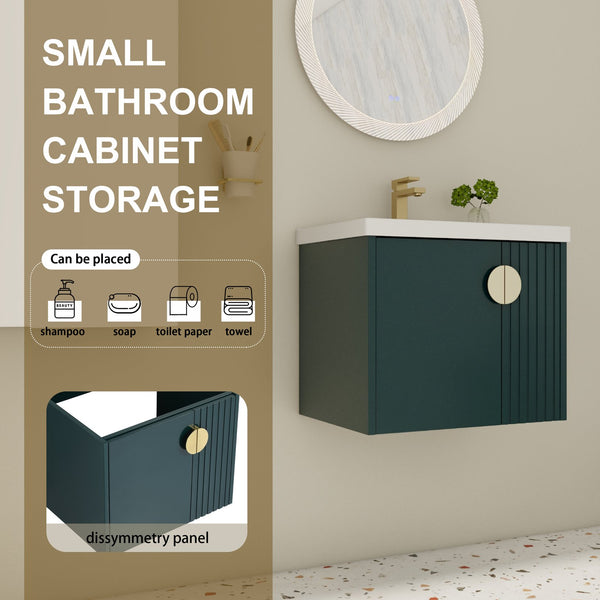 English Elm 24 Inch Wall-Mounted Vanity with Ceramic Sink, Wave Door Accent, Soft-Close Hinges, Eco Plywood Durable Finish Green W999P146018