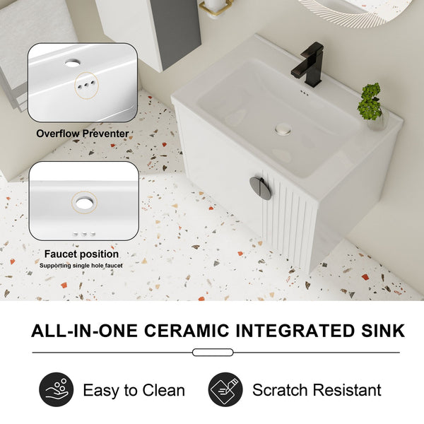 English Elm 28 Inch Wall-Mounted Bathroom Vanity with Ceramic Sink, Wave Dual Doors, Soft-Close Hinges, Durable Finish White W999P146019