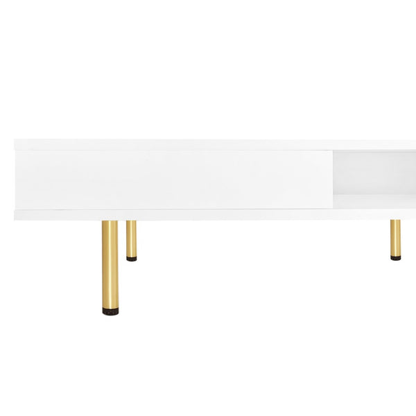 English Elm On-trend Gloss White Square Coffee Table Gold Legs Hidden Drawers Open Shelf Living Room WF315490AAK