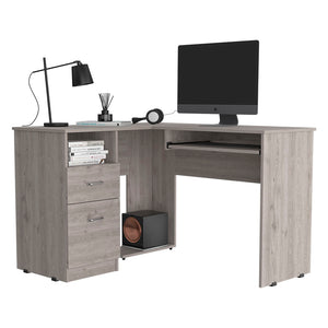 English Elm L-Shaped Desk With Keyboard Tray, Two Drawers & Open Shelf - Modern Light Gray Home Office Solution B097133036