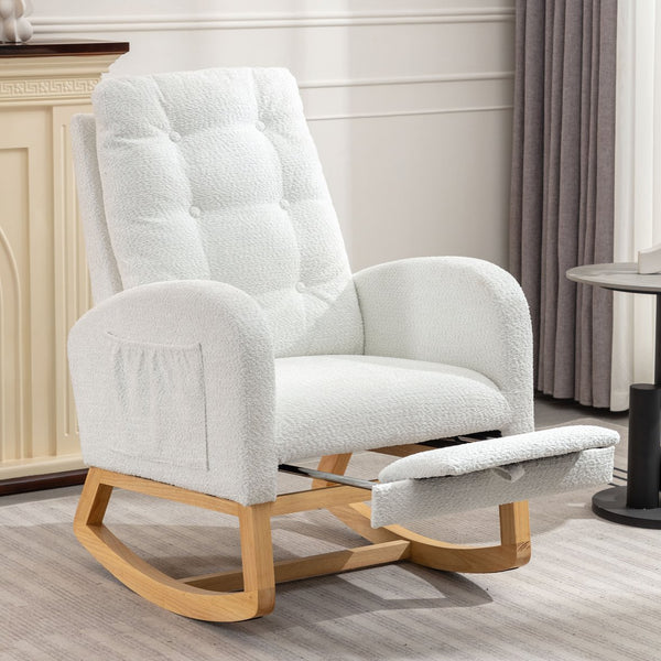 English Elm LY-5104 Plush High-Back Accent Rocking Chair with Footrest, Ergonomic Foam Cushion for Living Spaces White W2231P143508